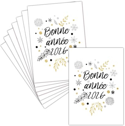 MERCI-FACTEUR.COM Carte de Voeux 2026-8 Cartes Pliées (3 Formats Dispos) - Carte Nouvelle Année 2026 En Doré Et Argenté
