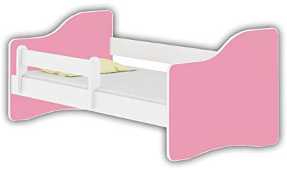 ACMA Jugendbett 140x70 Kinderbett mit Rausfallschutz und Matratze, Weiß Happy, Farbe Rosa, mit Lattenrost, stabil, Kinderzimmer Bett, Jugendmöbel