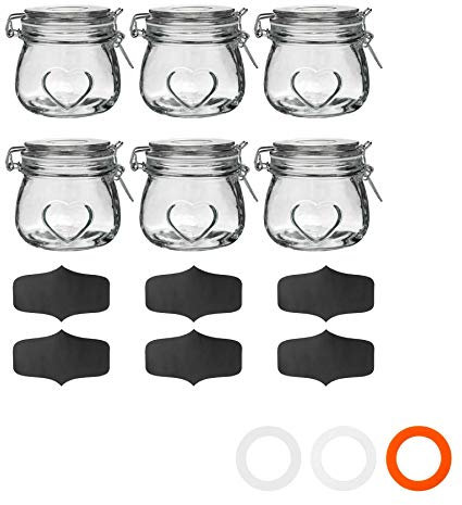 Nicola Spring Heart Shaped Glass Storage Jar with Airtight Clip Lid & Chalkboard Labels - 500ml - 6 Pack - 4 Colour Seals - Vintage Preserving Container for Pickling, Chutney, Jam, Coffee, Oats