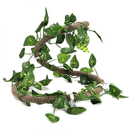 Reptilienreben, 3,28ft künstlicher Reptilien Kletterzweig mit Saugnäpfen Flexibles Dschungelrattan mit 6,89ft langem Rebhabitat Dekor für Gecko Chamäleon Amphibien[3,28ft Rattan + Scindapsus Blätter]