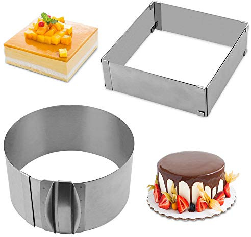 Cyimi Adjustable Cake Mould Stainless Steel Cake Mousse Ring 6 to 12 Inch, Thickened Cake Ring Mould Set of 2 for Baking,DIY Cake (Round+Square)