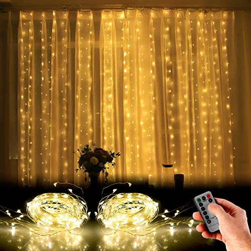 Lunartec Lichtvorhang: 2er-Set LED-Lichtervorhang, 300 LED, Fernbedienung, 3 x 3 m, warmweiß (Lichtvorhang Deko, Fenster, Netz)