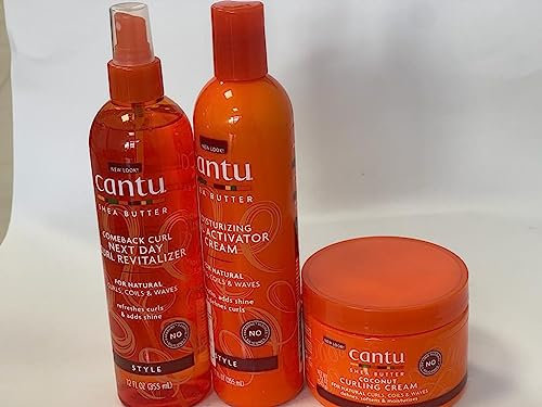 Cantu Shea Butter Comeback curl Revitalizer am nächsten Tag, Activator Cream & Coconut Curling Cream (3er-Set)