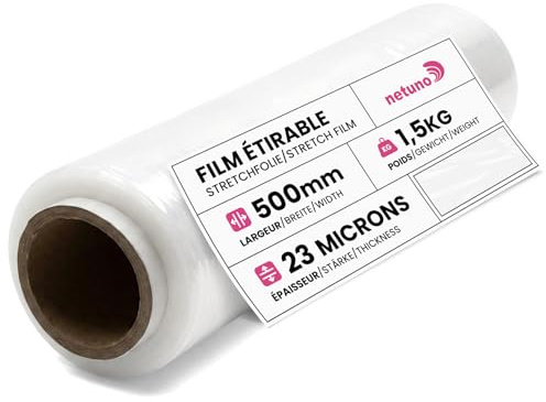 Netuno 1 x transparent stretchfolie 23 my 500 mm 1,5 kg folie polyetenfolie gjutfilm transparent plastfolie inpackningsfolie flyttfolie förpackningsfolie handfolie transparent