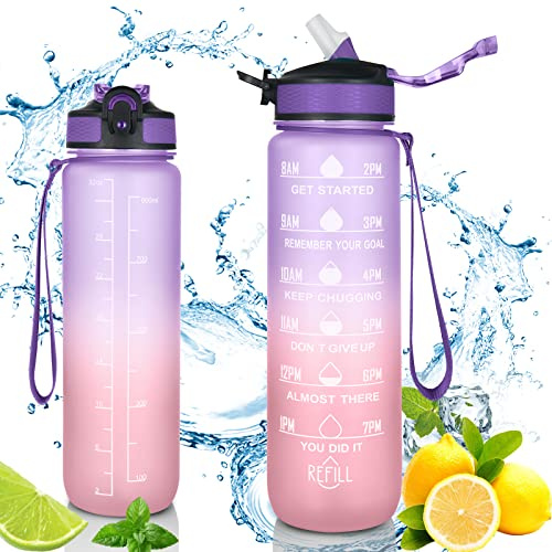 flintronic Trinkflasche 1L Sportflasche Auslaufsicher, Wasserflasche, MEITAGIE BPA-frei Tritan Wasserflasche mit Filter und Motivationszeitmarkierung Für Schule,Gym,Fitness,Outdoor