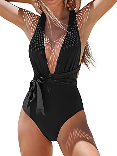 CUPSHE, Costume intero da donna con scollo profondo e laccetti incrociati sulla schiena, Nero , XL