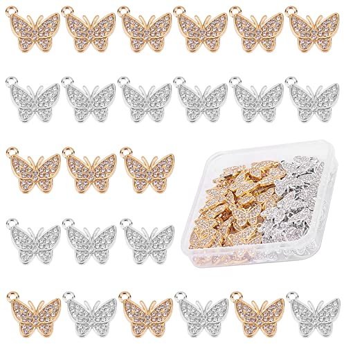 SUPERFINDINGS 60 Stück 2 Farben Schmetterling Legierung Strass Anhänger 19.5x16.5mm Silber Und Hellgold Kristall Schmetterling Hängend Baumelnde Ende Charms Für DIY Halskette Bohrung: 1.6mm
