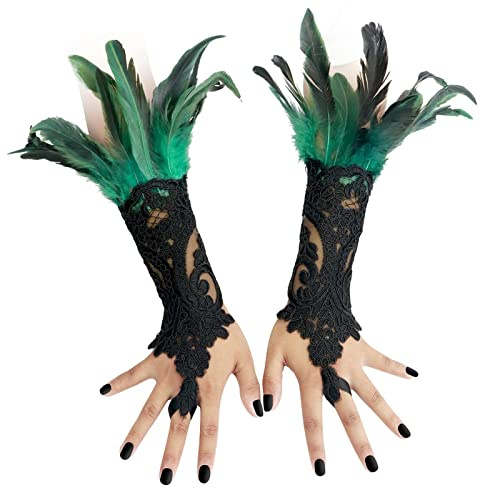 CAMDOM Steampunk Federmanschette Handschuhe pfau kostüm fascinator Vintage Spitze fingerlose Armkette,pfauenfeder grün, One size