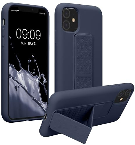 kwmobile Case for Apple iPhone 11 Case - Soft TPU Cover with Silicone Coating - With Hand Strap and Stand Function - Shockproof - Blueberry