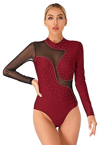 iEFiEL Damen Langarm Turnanzug Glitzer Tanzbody Ballett Trikotanzug Leotard Patchwork Gymnastikanzug Tanzanzug Wettbewerb Kostüm Burgundy Langarm S