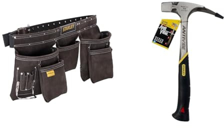 STANLEY Porte Outils Double Ceinture - Nombreuses Poches - Cuir de Qualité Supérieure & Stanley 1-51-937 Gamme Fatmax Antivibe - Arrache-Clous Charpentier- Tête et manche Forgés en Acier