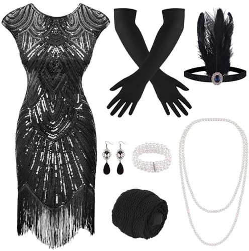 PLULON Abito Anni '20 con Paillettes e Frange con Perline e Set di Accessori Anni '20 (Nero)
