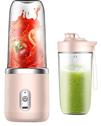 Mixer Smoothie Maker, Blender Smoothie Makers Tragbarer Mixer Mini Jug Blenders Persönlicher Mixer Fresh Juice Mixer mit 2 Tragbare Flaschen für Reisen, Büro, Fitnessstudio (Rosa)