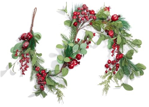 LOHASBEE Künstliche Weihnachtsgirlande, 1,5 m Eukalyptus-Girlande mit roten Beeren, Weißdorn-Glitzer für Weihnachten, Innen- und Außenbereich, Gartentor, Haustür, Zuhause, Wand, Fenster