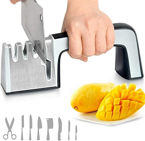 CAFFIA Knife Sharpeners - 4 Stage Kitchen Knife Scissor Sharpener to Repair, Restore, Sharp, Polish Blades, 4-in-1 Manual Chef Steel Knife Scissor Sharpening Tool Kitchen Accessories (Silver)