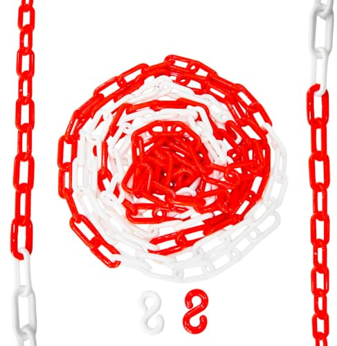 Berry 5 Meter 6MM Plastic Chain - Red & White | Plastic Chain Link with 2 Connector S-Hooks | Safety Chain for Construction, Road Safety, Caution Sign, Parking Chains