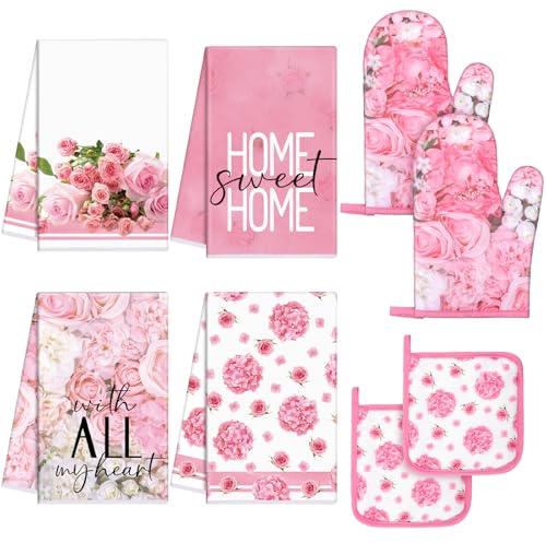 Leinuosen 8 Pcs Pink Rose Kitchen Towels and Dishcloths Sets Oven Mitts and Pot Holders Sets Absorbent Kitchen Gloves Potholders Heat Resistant for Chef Baking Cooking