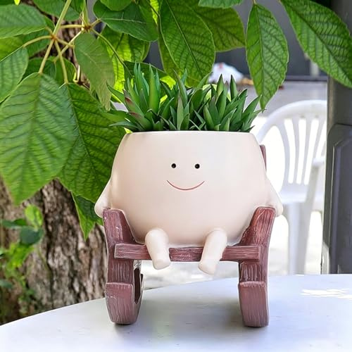 OLINLIFE Smily Face Pflanzgefäß, niedlicher Schaukelstuhl, Kunstharz-Kopf-Pflanzgefäß für Innen- und Außenbereich, Sukkulenten-Blumentöpfe mit Ablaufloch, DIY-Geschenk, dekorativer Übertopf