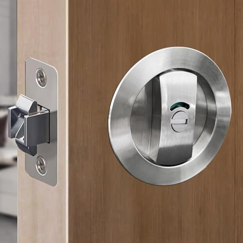 SANGRENSHEN Cerradura de puerta corredera de bolsillo, indicador de puerta, manijas empotradas, pestillo de privacidad para cama/baño, para puerta de 3 cm a 5 cm de grosor, color plateado