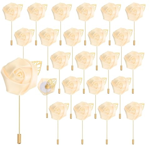 QUARKZMAN 24Pcs Épinglette Boutonnière en Fleur de Rose Jaune Clair Broches de Boutonnières de Poche pour Cérémonie de Mariage Anniversaire Bal de Promo Dîner Formel Décoration de Costume