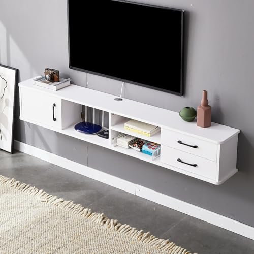 An der Wand montierter TV-Ständer mit 2 Schubladen, kleiner schwebender TV-Ständer, schwebende TV-Regale for die Wand, schwebendes Regal for unter den Fernseher, hölzerner TV-Schrank, for Zuhause und