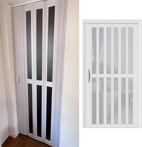 Concertina Door Multifold Interior Doors for 23'' to 80'' Opening, PVC Accordion Door Room Divider with Frosted Acrylic, Single Folding Door for RV, Cabinet, Living Room(77x80in(195.6x203.2cm))
