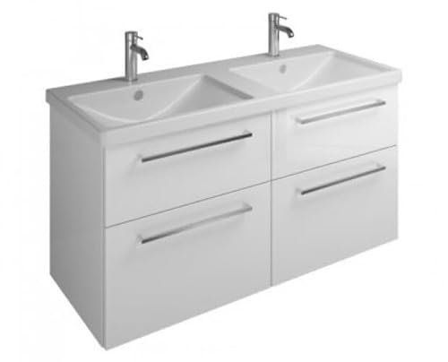 burgbad Eqio Keramik-Doppelwaschtisch inklusive Waschtischunterschrank mit 4 Schubladen, Breite 1230mm, SEYT123F5662C0001G0252, Farbe: Eiche Dekor Urban/Eiche Dekor Urban, Griffleiste Schwarz Matt