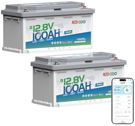 Redodo 2 Pack 12V 100Ah H190 LiFePO4 Batterie mit 100A Smart BMS, 1280Wh | Bluetooth, Untersitz Lithium Batterie für RV, Off-Grid, Solaranlage, DIN H8/L5, Niedrigtemperaturschutz, 4000+ Tiefzyklen