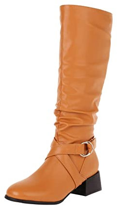 Stivali Alti Inverno Autunno E Inverno Stivali da Donna Jeans Stivali Tacco Spesso Rotonda Fibbia della Cintura Stivali Alti Scarpe di Cotone Caldo Stivali Scarpe Donna Invernali Stivali (Orange, 39)