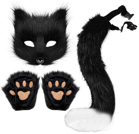 Fgbetcv Katzenmaske und Schwanz Set mit Wolfsmaske und langem Schwanz, Cosplay-Kostüm für Halloween, Weihnachten, Karneval und Bühne (Schwarz)