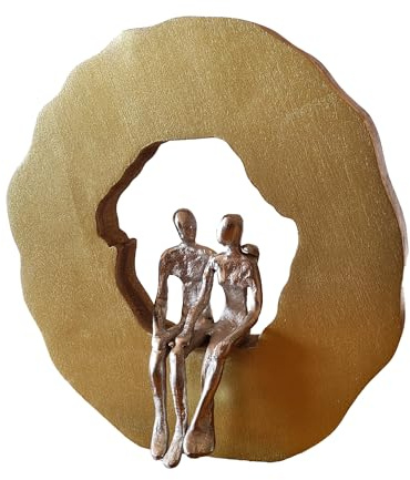 Casa Corleone Luxus Paar Skulptur im Goldenen Mangoholz-Ring, 30x33cm | Silberfarbene Metall Figur | Edles Geschenk zur Hochzeit, Valentinstag, Jubiläum