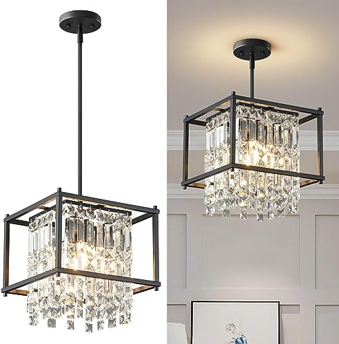ZPBSJ Moderne Küche Beleuchtung Industrielle Bauernhaus Pendelleuchte Schwarzes Metall Kristall Pendelleuchte Verwendet für Flur Eingang Schlafzimmer Balkon Kücheninsel(Quadrat 1-Licht)