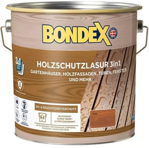 Bondex Holzschutzlaur 3in1, 4 L für 64 m² / Teak / Wasserbasierende Lasur / Filmschutz, Grundierung und Endbeschichtung / Exzellenter UV- & Feuchtigkeitsschutz