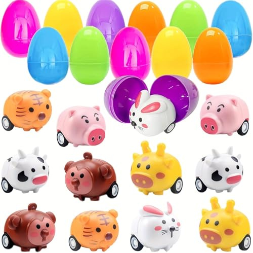 Amyang 12 Pack Easter Eggs Prefilled with Pull Back Cars, Mini Little Vehicles Car Toys for Easter Party Favors, Easter Basket Stuffers, Easter Egg Pinata Fillers, Goodie Bags Fillers