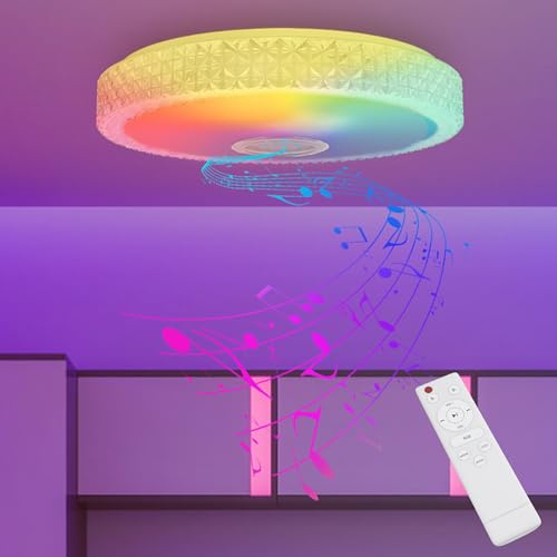 YRHome LED RGB Deckenleuchte Deckenlampe Dimmbar mit Bluetooth Lautsprecher Fernbedienung Deckenlampen Runde mit Musikwiedergabe Wohnzimmerlampe Schlafzimmerlampe mit Kristalldekoration - 60W - Ø50cm
