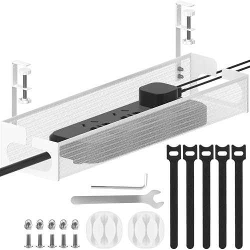Under Desk Cable Management Tray, No Drill Mesh Desk Cable Tray, Wire Management Tray Cable Management Rack, Wire Organizer and Cable Management Box for Officehome (White)