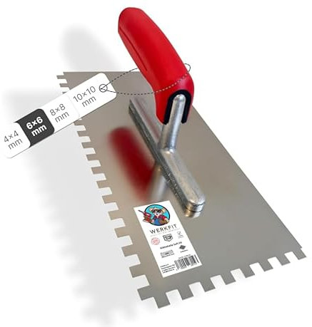 WERKFIT Professional Stainless Steel Trowel 3 mm - Smoothing Trowel Serrated Rustproof - Toothed Spatula with Soft Grip - Eaves Made in Austria 280 x 130 mm (3 x 3 mm)