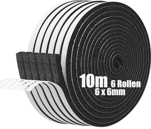 SDLDEER Foam Tape, Self Adhesive Foam Strip 6mm(W) X 6mm(T) X 10m(L) Weather Stripping Door Seal Strip, Draft Excluder for Windows Door, Anti-Collision, Weatherproof, Window Soundproofing(6 Rolls)
