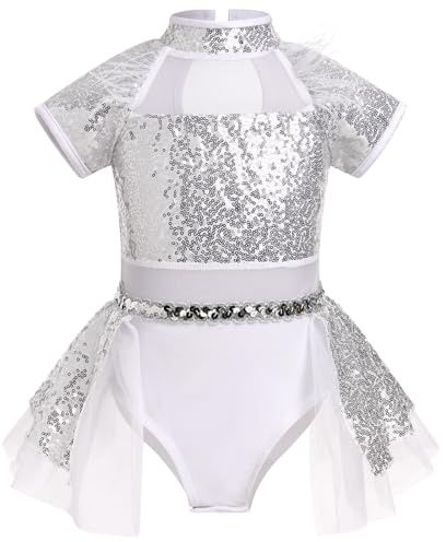 FYMNSI Maillot de lentejuelas para niña, manga corta, para gimnasia, patinaje artístico, ballet, danza, traje de danza, plata, 9-10 años