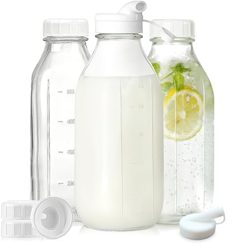 Ausune 1000L Glass Milk Bottles Set of 3 with Lids and Silicone Nozzles Leak Proof Airtight Heavy Duty Design Ideal Milk Container for Fridge Multi Purpose Liquid Storage for Juice Smoothies and more