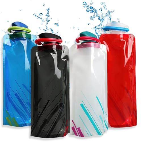 WQNNQW Faltbare Trinkflasche 700ML, 4 Stück Faltbare Flasche,PE Faltbare | Wasserflasche Wiederverwendbare Trinkflasche Faltbar für Wandern,Radfahren,Abenteuer,Reisen (Weiß,Rot,Blau,Schwarz)