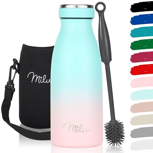 Milu Stainless Steel Drinking Bottle 350 ml - Insulated Thermo Flask for Water - Leak Proof, Insulated and Double Walled, Carbonated (Mint Pink, 350ml)