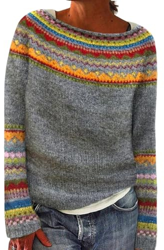 XNC Women's Casual Colorful Retro Knitted Fair Isle Print Sweater 2025 Trendy Fall Winter Oversized Lightweight Pullover Tops