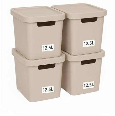 Plastard Aufbewahrungsbox mit Deckel 4er-Set 12,5 Liter in Beige | BPA-Freie Ordnungsbox für Küche, Bad, Büro, Kinderzimmer, Robuste Stapelbare Kunststoffbox, 32 x 22 x 25 cm, Ordnungskiste