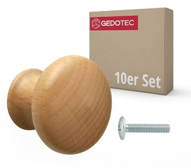 Gedotec 10 stycken möbelknoppar URSULA trä bok obehandlad Ø 35 mm med mässingsgänginsats skruv M4 × 25 mm | Massivt trä knapp möbelhandtag träknopp skåphandtag lådhandtag byråhandtag