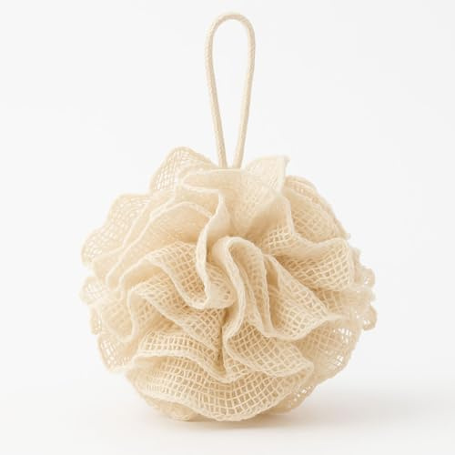 Meridiana Natural Ramie Body Buffer – Biodegradable Exfoliating Shower Pouf with Hanging Loop – Eco-Friendly Bath Sponge for Gentle Daily Cleansing – Cream