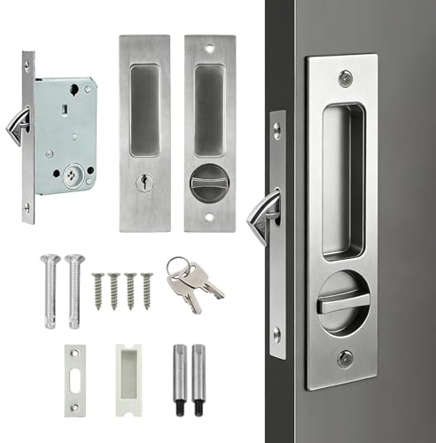 SANTUO Sliding Door Lock, Pocket Door Lock with Invisible Recessed Handle | 160mm Silver Mortise Lock with Turn Knob for Interior Wooden and Sliding Doors (Silver)