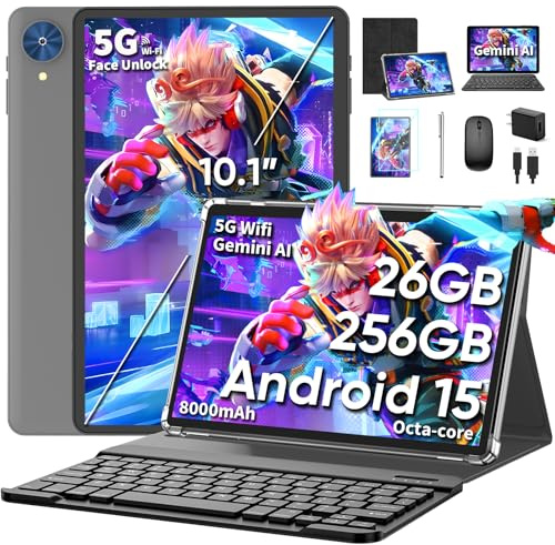 10 Inch Tablet, 2026 Android 15 Tablet with Keyboard, 26GB+256GB+2TB Expand, Tablets PC with Gemini AI, Octa-Core, 8000mAh, 5G WiFi, Widevine L1, GMS, 2 in 1 Tablets with Case, Mouse, Stylus (Black)