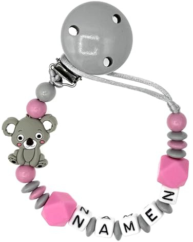 Nuckelkette mit Namen  KOALA  in verschiedenen Farben und Motiven/Baby/Unisex/Personalisiert/HANDMADE (Hellgrau Babyrosa)