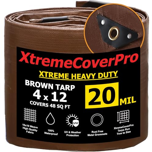 4' x 12' Brown Tarp - 20mil | Heavy Duty & Waterproof | UV Protection + Brass Grommets Reinforced Corners outdoor storage 4x12 ft Rain Camping Tent Greenhouse roof Leak Ground Cover Leakproof Shed car
